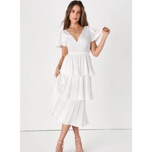 Lulus Twirl-wind Romance White Satin Tiered Midi Dress